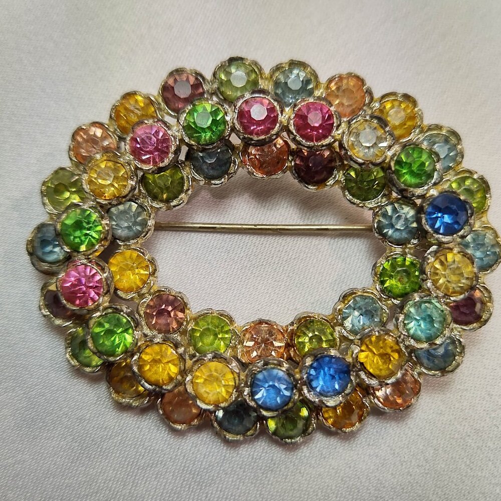 1920's Rainbow Rhinestone Three Row Pin